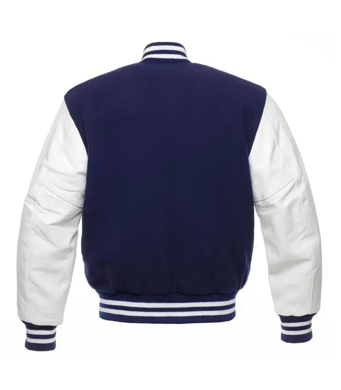 Navy and white varsity jacket with striped cuffs and collar, back view