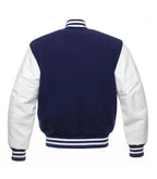 Navy and white varsity jacket with striped cuffs and collar, back view