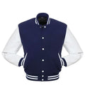 Navy blue and white varsity jacket with striped cuffs and collar, button-front design