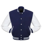 Navy blue and white varsity jacket with striped cuffs and collar, button-front design