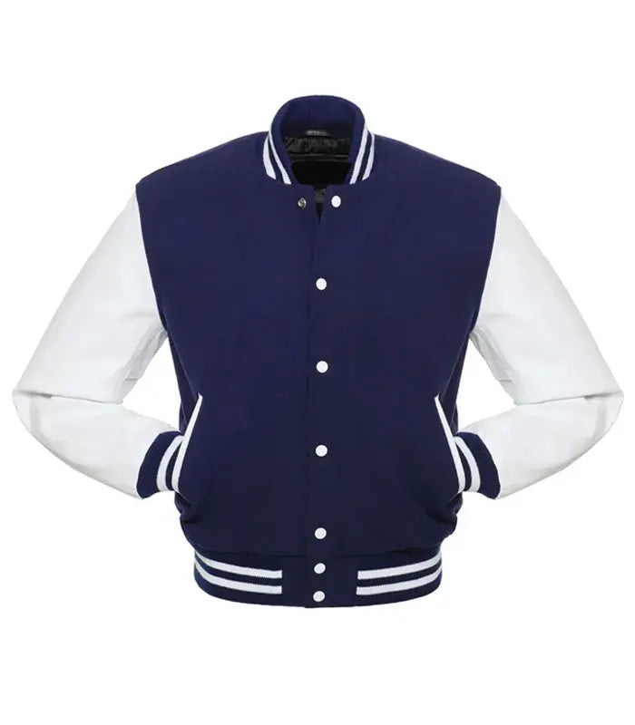 Navy blue and white varsity jacket with striped cuffs and collar, button-front design