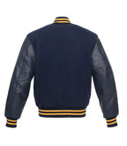 Navy varsity jacket with leather sleeves and gold stripes, customizable for teams or individuals.