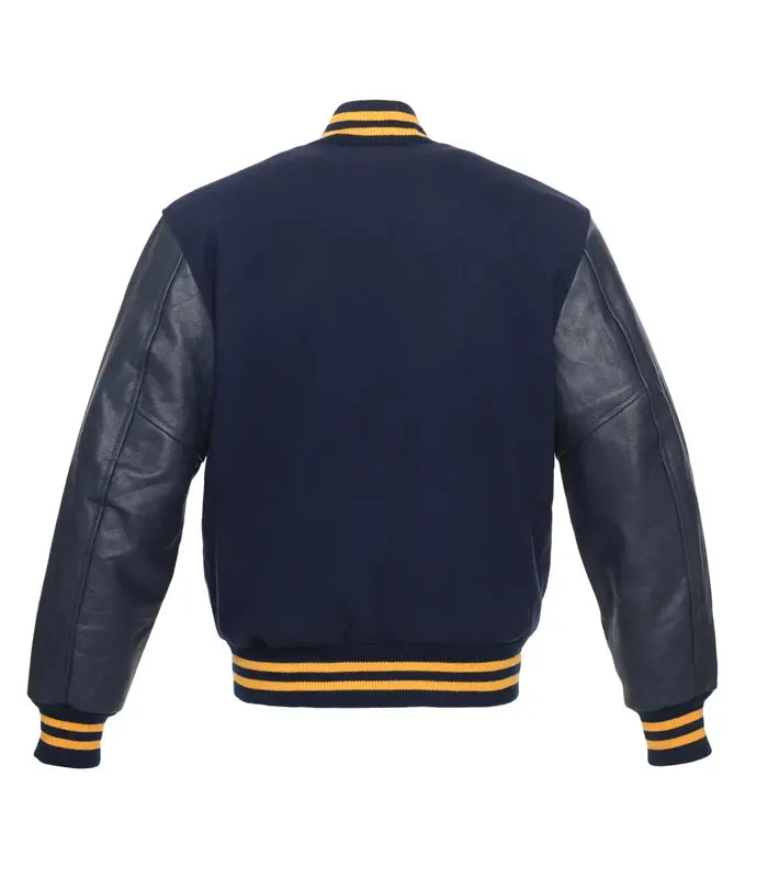 Navy varsity jacket with leather sleeves and gold stripes, customizable for teams or individuals.