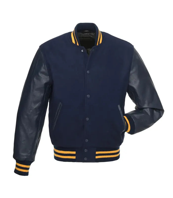 Navy varsity jacket with leather sleeves and gold stripes, customizable team apparel