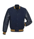 Navy varsity jacket with leather sleeves and gold stripes, customizable team apparel