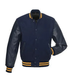 Navy varsity jacket with leather sleeves and gold stripes, customizable team apparel