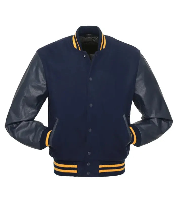 Navy varsity jacket with black leather sleeves and gold stripes, customizable team apparel