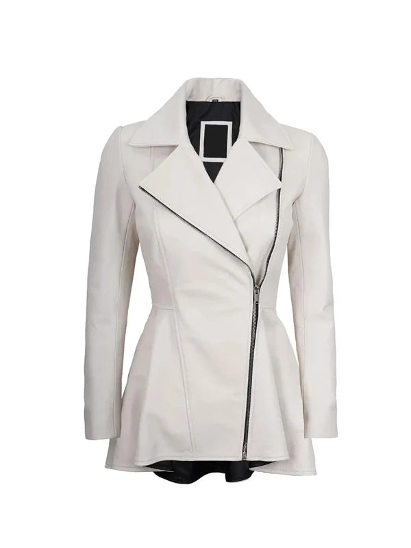 Front view of Women's's White Peplum Leather Jacket