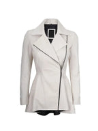 Front view of Women's's White Peplum Leather Jacket