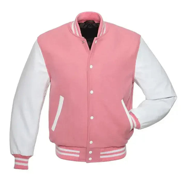 Pink and white varsity jacket front view with classic letterman style, snap button closure, and striped ribbed trims.