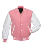 Pink and white varsity jacket front view with classic letterman style, snap button closure, and striped ribbed trims.