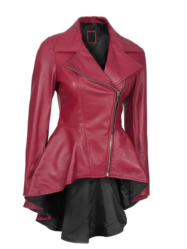 Back view of Women's's Pink Peplum Leather Jacket