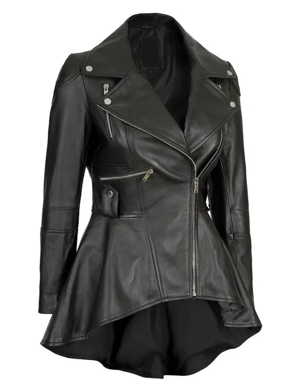 Back view of Women's's Black Leather Peplum Jacket