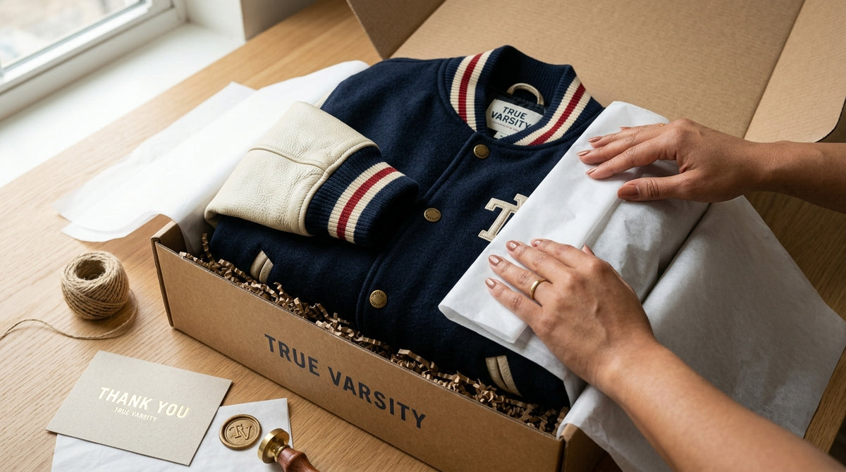 Hands carefully unwrap a navy and cream True Varsity letterman jacket nestled in tissue paper inside a branded True Varsity delivery box.
