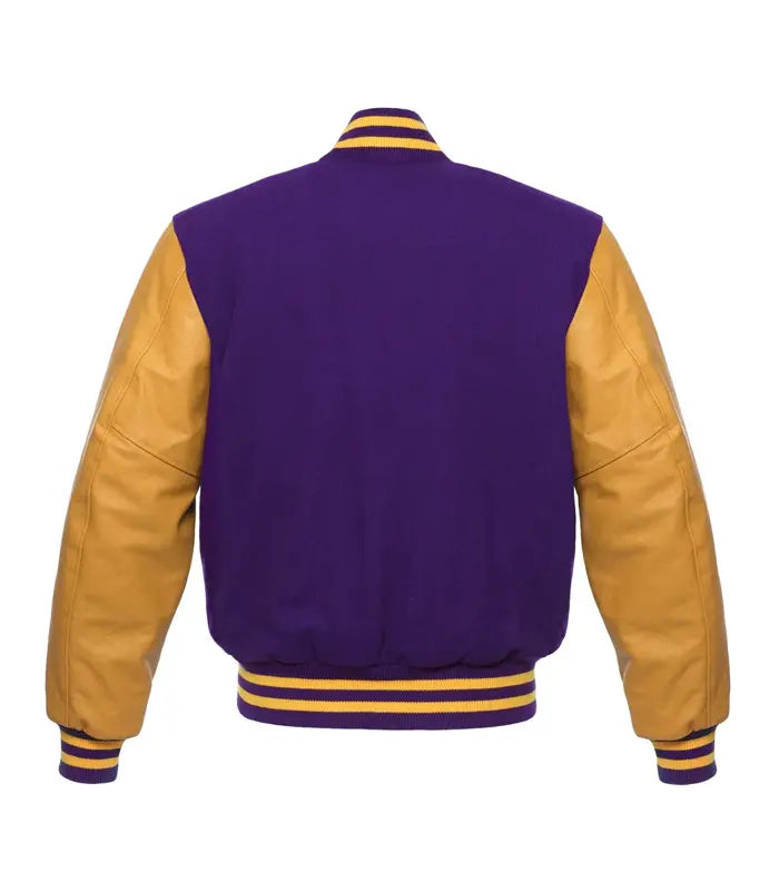 Purple and gold varsity jacket with leather sleeves and striped cuffs, back view