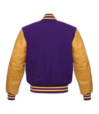 Purple and gold varsity jacket with leather sleeves and striped cuffs, back view