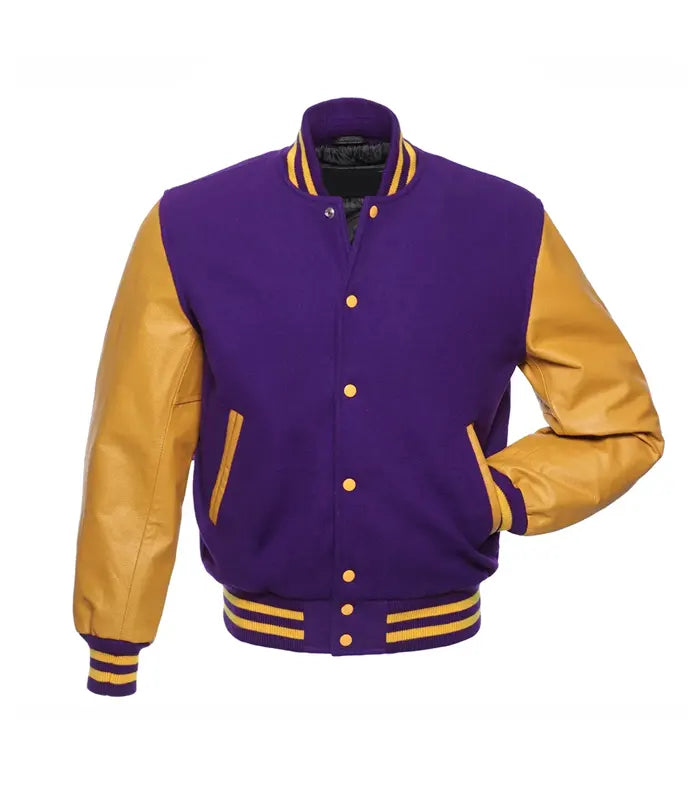 Purple and gold varsity jacket with leather sleeves, button front, and striped cuffs