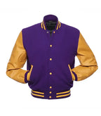 Purple and gold varsity jacket with leather sleeves, button front, and striped trim for custom team wear