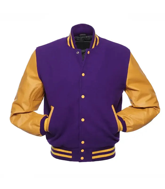 Purple and gold varsity jacket with leather sleeves, button front, and striped trim for custom team wear