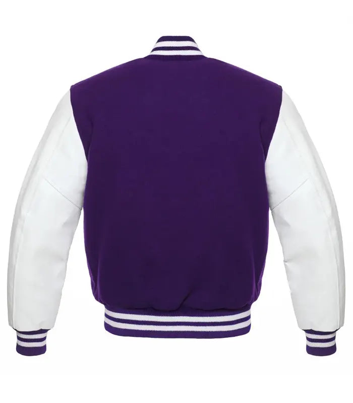 Purple and white varsity jacket with striped cuffs and collar, back view