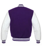Purple and white varsity jacket with striped cuffs and collar, back view