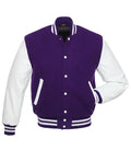 Purple and white varsity jacket with button front, ribbed cuffs, and side stripes for custom team wear