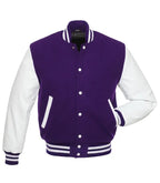 Purple and white varsity jacket with button front, ribbed cuffs, and side stripes for custom team wear