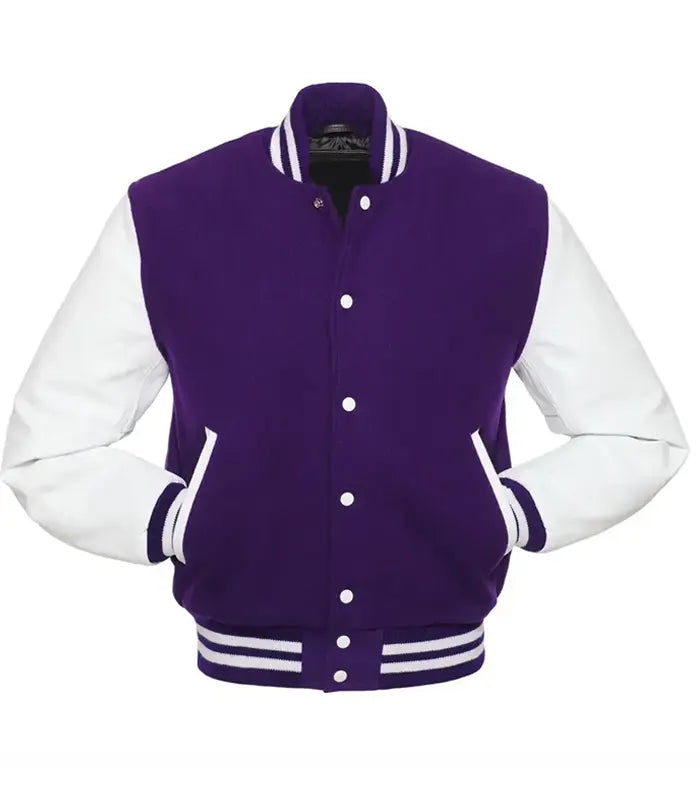 Purple and white varsity jacket with button front and striped cuffs, ideal for custom team wear.