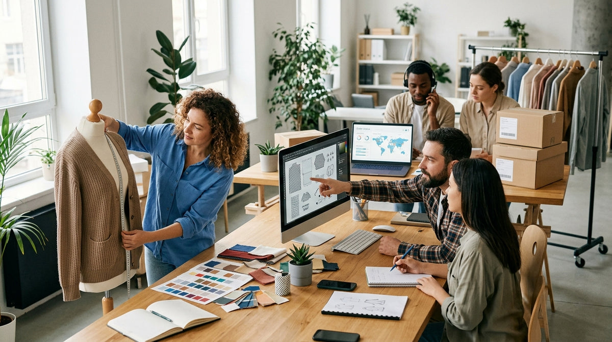 A five-person apparel design and support team collaborates in a bright studio, reviewing jacket patterns on a monitor while working across design, customer service, and fulfillment roles.