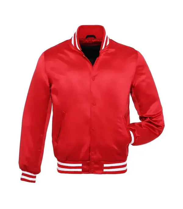 Red satin varsity bomber jacket front view with snap button closure, glossy finish, and striped ribbed collar and cuffs.