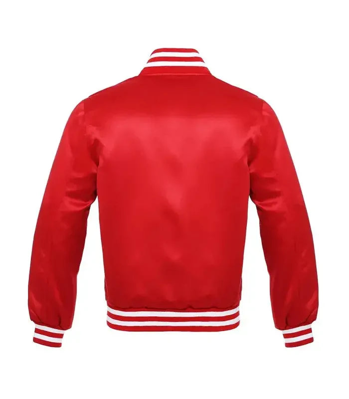 Red satin baseball varsity jacket back view with smooth shiny texture and classic striped waistband and collar design.