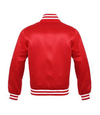 Red satin baseball varsity jacket back view with smooth shiny texture and classic striped waistband and collar design.