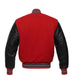 Red varsity jacket with black leather sleeves and striped trim, back view