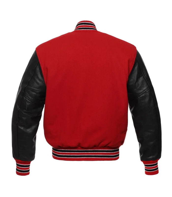 Red varsity jacket with black leather sleeves and striped trim, back view