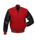 Red varsity jacket with black leather sleeves, striped collar and cuffs, button front design