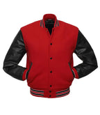 Red varsity jacket with black leather sleeves, striped collar and cuffs, button front design
