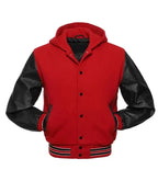 Red and black hooded varsity jacket front view with snap button closure, letterman style body, and striped ribbed trims.