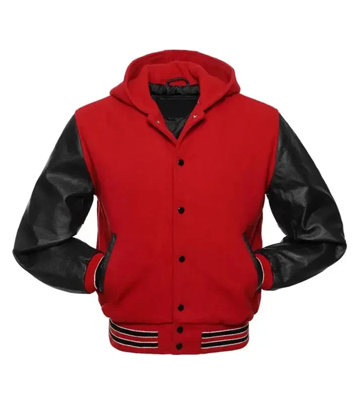 Red and black hooded varsity jacket front view with snap button closure, letterman style body, and striped ribbed trims.