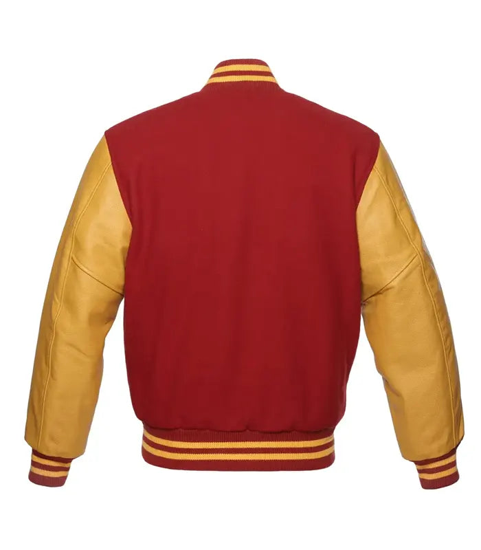Red and gold varsity jacket with leather sleeves and striped cuffs, back view