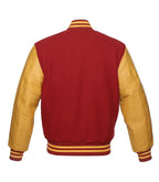 Red and gold varsity jacket with leather sleeves and striped cuffs, back view