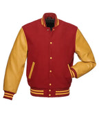 Red and gold varsity jacket with leather sleeves, button front, and striped cuffs