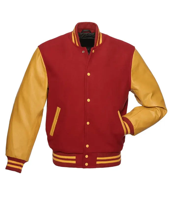 Red and gold varsity jacket with leather sleeves, button front, and striped cuffs