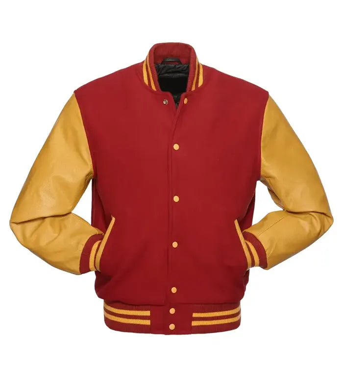 Red and gold varsity jacket with leather sleeves, button front, and striped trim for custom team wear