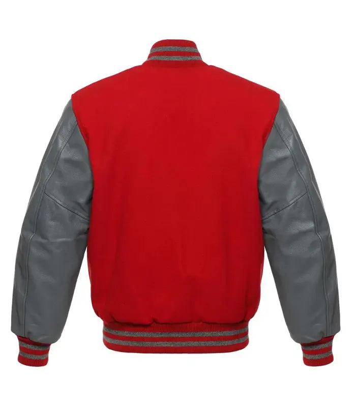 Red varsity jacket with gray leather sleeves and striped cuffs, back view