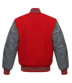 Red varsity jacket with gray leather sleeves and striped cuffs, back view