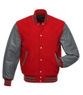 Red varsity jacket with gray sleeves, ribbed cuffs, and snap buttons for custom team or school wear