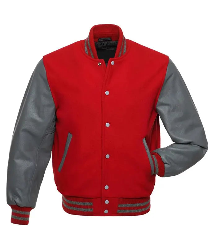 Red varsity jacket with gray sleeves, ribbed cuffs, and snap buttons for custom team or school wear