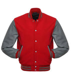 Red and gray varsity jacket with leather sleeves, button front, and striped cuffs and collar
