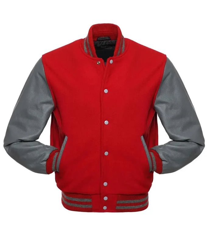 Red and gray varsity jacket with leather sleeves, button front, and striped cuffs and collar