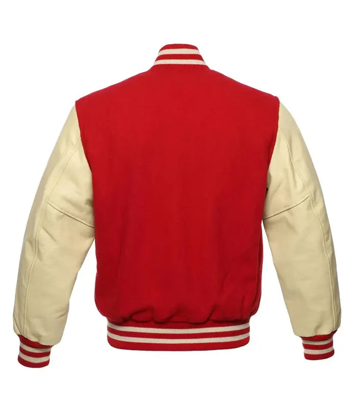 Red and cream varsity jacket with striped cuffs and collar, back view